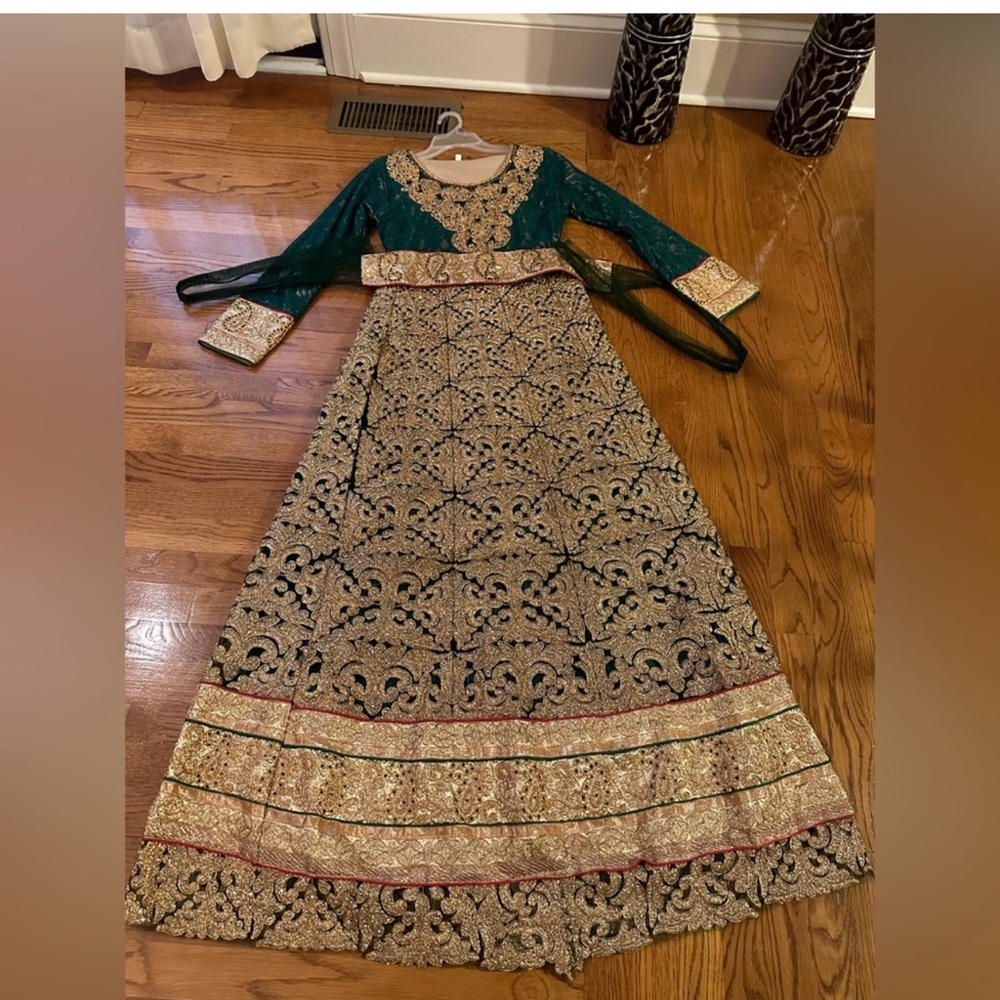 Gold and Green Bishop Sleeve Wedding Gown